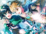  2boys aether_(genshin_impact) ahoge androgynous bangs beret black_hair blonde_hair blue_hair blush bow braid brooch cape collared_cape collared_shirt corset earrings eyebrows_visible_through_hair feathers flower frilled_sleeves frills genshin_impact gradient_hair green_eyes green_headwear green_shorts hair_between_eyes hat jewelry long_hair long_sleeves male_focus multicolored_hair multiple_boys open_mouth scarf shirt short_hair_with_long_locks shorts single_earring smile tassel tassel_earrings twin_braids venti_(genshin_impact) vision_(genshin_impact) white_flower white_shirt yamakawa_umi yellow_eyes 