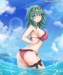  1girl absurdres alternate_costume ass bikini blush breasts byleth_(fire_emblem) byleth_(fire_emblem)_(female) eyewear_on_head fire_emblem fire_emblem:_three_houses green_eyes green_hair highres large_breasts looking_at_viewer medium_hair ocean patdarux red_bikini smile solo summer sunglasses swimsuit swimwear 