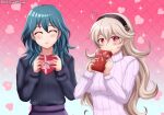  2girls alternate_costume blonde_hair blush byleth_(fire_emblem) byleth_(fire_emblem)_(female) closed_eyes corrin_(fire_emblem) corrin_(fire_emblem)_(female) fire_emblem fire_emblem:_three_houses fire_emblem_fates hairband heart highres long_hair looking_at_viewer medium_hair multiple_girls patdarux pointy_ears red_eyes smile sweater valentine 