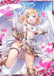  1girl :d akkijin angel angel_wings arrow_(projectile) ass_visible_through_thighs blonde_hair blue_eyes bow_(weapon) breasts flying hair_ornament halo heart holding holding_bow_(weapon) holding_weapon medium_breasts official_art open_mouth shinkai_no_valkyrie sky smile stomach weapon wings 