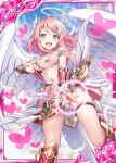  1girl :d akkijin angel angel_wings aqua_eyes arrow_(projectile) ass_visible_through_thighs bow_(weapon) breasts energy flying hair_ornament halo heart holding holding_bow_(weapon) holding_weapon medium_breasts official_art open_mouth pink_hair shinkai_no_valkyrie sky smile stomach weapon wings 
