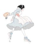  1girl absurdres apron black_hair dress grey_dress highres holding juliet_sleeves kawatsu_yuuki long_sleeves maid maid_headdress orange_bag original print_bag profile puffy_sleeves roller_skates short_hair signature simple_background skates solo white_apron white_background 