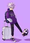  1boy 1ssakawaguchi absurdres adidas backpack bag ball bangs black_pants blue_eyes casual closed_mouth clothes_writing commentary eyebrows_visible_through_hair full_body hair_between_eyes hands_in_pockets headphones headphones_around_neck highres hood hood_down hoodie hunter_x_hunter killua_zoldyck leg_up long_sleeves looking_down male_focus messy_hair motion_lines number pants purple_background purple_footwear purple_hoodie rolling_suitcase shadow shoes short_hair short_over_long_sleeves short_sleeves simple_background smile sneakers soccer_ball solo spiked_hair standing standing_on_one_leg white_hair 
