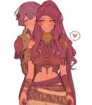  2girls bare_shoulders behind_another bernadetta_von_varley blush breasts fire_emblem fire_emblem:_three_houses heart kvlen large_breasts midriff multiple_girls petra_macneary purple_hair short_hair simple_background spoken_heart white_background yuri 