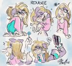  2021 annoyed anthro blonde_hair bottomwear candy canid canine canis clothing dessert domestic_dog female food hair hi_res lollipop lying mammal messy_hair midriff on_front panties radrangy rougee_(character) shorts solo tired underwear 