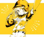  1girl baseball_bat baseball_helmet baseball_uniform belt blush gloves gotoh510 hair_ornament hairclip hat helmet kagamine_rin looking_at_viewer monochrome pants parted_lips shirt short_hair solo sportswear star_(symbol) vocaloid white_shirt yellow_background yellow_theme 