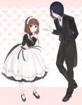  1boy 1girl absurdres alternate_costume arm_behind_back bangs black_dress black_footwear black_hair black_pants black_shirt brown_eyes brown_hair butler dress enmaided gloves hair_over_one_eye hands_up heart heart_background highres iino_miko ishigami_yuu kaguya-sama_wa_kokurasetai_~tensai-tachi_no_renai_zunousen~ long_hair long_sleeves maid pants ponzu_(udon) shirt shoes smile socks tray white_gloves white_legwear 