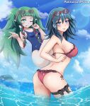 absurdres alternate_costume ass bikini blue_eyes blush breasts byleth_(fire_emblem) byleth_(fire_emblem)_(female) eyewear_on_head fire_emblem fire_emblem:_three_houses green_eyes green_hair highres large_breasts looking_at_viewer medium_hair ocean one-piece_swimsuit one_eye_closed patdarux red_bikini small_breasts smile sothis_(fire_emblem) summer sunglasses swimsuit swimwear tongue tongue_out 