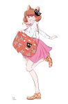  1girl absurdres animal_ears bag brown_hair cat_ears collared_shirt fang highres kawatsu_yuuki leg_up original pink_skirt print_bag print_footwear red_bag red_footwear shirt shoes short_hair shoulder_bag simple_background skirt solo white_background white_shirt 