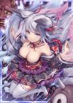 1girl akkijin animal_ears armpits bare_shoulders breasts floral_print fox_ears fox_girl fox_tail frilled_skirt frills ghost hair_ornament hitodama japanese_clothes jewelry looking_at_viewer medium_breasts multiple_tails necklace official_art purple_eyes shinkai_no_valkyrie short_hair silver_hair skirt sky tail thighhighs 
