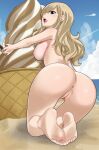  1girl anus beach blonde_hair blue_eyes blush breasts eden&#039;s_zero feet food gaston18 highres ice_cream large_breasts nipples nude pussy rebecca_bluegarden solo third-party_edit uncensored 