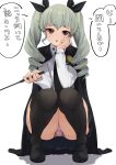  1girl alternate_legwear anchovy_(girls_und_panzer) anzio_school_uniform bangs black_cape black_footwear black_legwear black_neckwear black_ribbon black_skirt brown_eyes cape commentary crotch_seam dress_shirt drill_hair frown full_body girls_und_panzer green_hair grey_panties hair_ribbon head_rest highres holding kakimoto_nao loafers long_hair long_sleeves looking_at_viewer miniskirt necktie open_mouth panties pantyshot pleated_skirt red_eyes ribbon riding_crop school_uniform shadow shirt shoes skirt solo squatting thighhighs translated twin_drills twintails underwear white_shirt wing_collar 