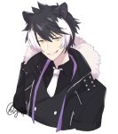  1boy animal_ears black_hair black_jacket black_shirt black_vest collared_shirt english_commentary eyebrows_visible_through_hair fang fur_trim highres holostars jackal_boy jackal_ears jacket kageyama_shien male_focus multicolored_hair necktie shirt smile solo streaked_hair upper_body v-shaped_eyebrows vest virtual_youtuber vyolfers white_background white_hair white_neckwear yellow_eyes 