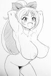  1girl beyblade blush breasts chen_mao completely_nude damedamou12 fangs highres huge_breasts long_hair nipples nude open_mouth ponytail simple_background smile solo white_background 