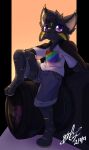  2021 3_toes 4_fingers ambiguous_gender anthro black_body black_fur bottomwear camera clothed clothing feet felid feline fingers fully_clothed fur gingy_k_fox jacket looking_at_viewer lynx mammal purple_eyes shaded shirt shorts signature solo toes topwear 