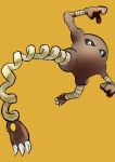  af_(afloatisland) arm_up claws clenched_hand gen_1_pokemon highres hitmonlee kicking kicking_at_viewer looking_at_viewer no_mouth orange_background pokemon pokemon_(creature) simple_background solo 