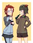  2girls bangs black_shorts blue_eyes blue_jacket blue_pants blue_skirt blunt_bangs blush border bottle brown_eyes brown_hair brown_jacket commentary constricted_pupils cosplay costume_switch eating emblem frown girls_und_panzer green_headwear grin hair_through_headwear hand_in_pocket helmet helmet-chan_(girls_und_panzer) holding holding_bottle jacket keizoku_military_uniform long_sleeves looking_at_another mikko_(girls_und_panzer) military military_uniform miniskirt multiple_girls oosaka_kanagawa open_mouth outside_border pants pants_rolled_up pants_under_skirt pleated_skirt raglan_sleeves red_eyes red_hair saunders_military_uniform short_hair short_shorts short_twintails shorts sidelocks single_vertical_stripe skirt smile stalk_in_mouth standing star_(symbol) sweatdrop tank_helmet track_jacket track_pants twintails uniform wavy_mouth white_border yellow_background 