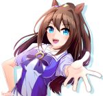  1girl animal_ears artist_name blue_eyes blue_ribbon blue_vest breasts brown_hair commentary_request drop_shadow el_condor_pasa_(umamusume) eyebrows_visible_through_hair hair_between_eyes hand_on_hip horse_ears horseshoe_ornament leaning_to_the_side long_hair looking_at_viewer medium_breasts open_mouth outstretched_hand ponytail puffy_short_sleeves puffy_sleeves ribbon school_uniform shirt short_sleeves simple_background solo standing torinosuke tracen_school_uniform umamusume upper_body upper_teeth very_long_hair vest white_background white_shirt 