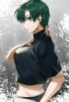  1girl alternate_hair_length alternate_hairstyle april_fools black_panties black_shirt bob_cut breasts delsaber earrings fire_emblem fire_emblem:_the_blazing_blade green_eyes green_hair hand_on_own_neck jewelry looking_to_the_side lyn_(fire_emblem) panties shirt underwear 