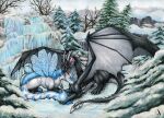  2021 blue_hair claws day detailed_background dragon duo feral fur furred_dragon hair hi_res horn membrane_(anatomy) membranous_wings natoli outside scales scalie sky smile spines traditional_media_(artwork) western_dragon white_body white_fur wings 