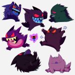  &gt;_&lt; :i absurdres arms_up black_eyes closed_eyes commentary gastly gen_1_pokemon gengar heart heart_in_mouth highres megadinkloid open_mouth pokemon pokemon_(creature) sharp_teeth simple_background smile teeth tongue tongue_out transformed_ditto white_background 