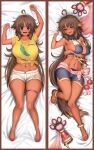  1girl :d absurdres animal_ears anklet antenna_hair arm_under_breasts arms_up b-pang bangs bare_shoulders barefoot bed_sheet bikini bikini_top black_bikini black_shorts blue_eyes blush breasts brown_eyes brown_hair cleavage clothes_writing commentary covered_nipples dakimakura_(medium) dark_skin dark_skinned_female dog_ears dog_tail eyebrows_visible_through_hair fang flats floral_print full_body fur_collar gloves gloves_removed groin hair_between_eyes hair_flaps highres jewelry kaori_(princess_connect!) large_breasts long_hair looking_at_viewer lying midriff multiple_views navel on_back open_mouth paw_gloves paws princess_connect! princess_connect!_re:dive red_footwear shadow shawl sheet_grab shirt short_shorts short_sleeves shorts sidelocks skindentation smile swimsuit tail thighlet tied_shirt very_long_hair white_shorts yellow_shirt 