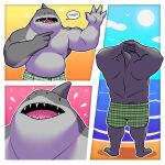  anthro beach belly biceps bottomwear clothing cloud cute_face dc_comics fin fish grey_body hi_res king_shark male marine muscular muscular_anthro muscular_male open_mouth pecs seaside shark shorts slightly_chubby small_eyes solo sun teeth virdemis 