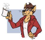  anthro canid canine clothed clothing cup fox fully_clothed hi_res kingdomblade leather leather_clothing male mammal multicolored_body solo steam 