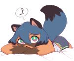  ... 1girl ? absurdres animal_ears ass bangs bare_shoulders black_hair blue_hair body_fur brand_new_animal furry green_eyes hair_between_eyes highres kagemori_michiru looking_at_viewer lying multicolored_hair on_stomach pudgeruffian raccoon_ears raccoon_girl raccoon_tail short_hair shorts simple_background solo speech_bubble spoken_question_mark tail white_background 
