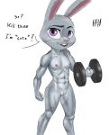  abs anthro athletic athletic_female dialogue disney exercise female fur grey_body grey_fur hi_res judy_hopps lagomorph leporid mammal muscular muscular_female nsfy_(artist) nude purple_eyes rabbit simple_background small_chest solo weightlifting workout zootopia 