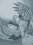  2015 4_fingers 4_toes anisodactyl anthro avian bird bird_feet claws clothed clothing digital_media_(artwork) egyptian_clothing egyptian_headdress falcon falconid feathered_wings feathers feet finger_claws fingers gradient_background grey_background greyscale gyrfalcon looking_at_viewer looking_back looking_back_at_viewer male monochrome nemes_(clothing) scuted_arms scutes shendyt signature simple_background sitting solo tail_feathers talons toe_claws toes triple-shot whitley_(talu_lupus) winged_arms wings 