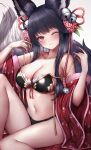  1girl animal_ears bare_shoulders bikini black_bikini black_hair breasts cleavage erune gold_trim granblue_fantasy hand_up knee_up large_breasts large_tail long_hair long_sleeves looking_at_viewer navel off_shoulder one_eye_closed parted_lips sitting snm_(sunimi) solo stomach swimsuit tail thighs wide_sleeves yuel_(granblue_fantasy) 