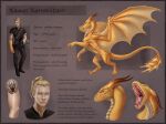  anthro blonde_hair bodily_fluids claws dagger dragon feral gold_scales hair hi_res himeragoldtail horn humanoid kerrovitarr long_hair male melee_weapon membrane_(anatomy) membranous_wings model_sheet rapier saliva scalie solo sword tattoo teeth text weapon western_dragon wings yellow_eyes 