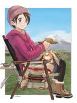  1girl black_hair blanket blue_eyes boots chair chihuahua chikuwa_(yurucamp) day dog drooling folding_chair folding_table food fur_trim hat highres holding iwauchi_tomoki jacket mount_fuji outdoors saitou_ena sandwich short_hair sitting yurucamp 