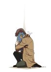  1boy black_footwear brown_coat brown_hair coat croagunk gen_4_pokemon holding holding_pokemon kneeling korean_text long_sleeves looker_(pokemon) male_focus pants pokemon pokemon_(creature) pokemon_(game) pokemon_dppt shoes short_hair signature ssalbulre translation_request 