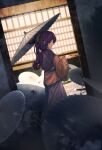  1girl bangs blurry blurry_background blurry_foreground closed_mouth commentary_request depth_of_field dutch_angle furahata_gen hair_ribbon highres holding holding_pipe holding_umbrella kiseru komakusa_sannyo light_smile long_hair looking_back oil-paper_umbrella pipe profile purple_hair red_eyes red_robe ribbon smoke solo standing touhou umbrella wide_sleeves yellow_ribbon 