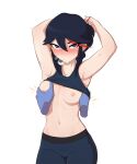  1girl 1other absurdres alternate_costume armpits arms_up bangs black_hair blue_eyes blush breast_grab breasts collarbone cowboy_shot disembodied_limb grabbing hair_between_eyes highlights highres kill_la_kill matoi_ryuuko multicolored_hair navel nipples no_bra pudgeruffian red_hair shirt_lift short_hair simple_background solo_focus stomach streaked_hair sweat tank_top two-tone_hair tying_hair white_background 