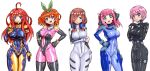  5girls ahoge black_bodysuit blue_bodysuit blue_eyes bodysuit breasts brown_hair closed_mouth cosplay cowboy_shot eyebrows_behind_hair fortified_suit g_gundam gantz gantz_suit go-toubun_no_hanayome green_hairband green_ribbon gundam hair_between_eyes hair_ornament hair_ribbon hairband headphones headphones_around_neck highres interface_headset large_breasts latex latex_bodysuit long_hair lyrical_nanoha mahou_shoujo_lyrical_nanoha_strikers medium_hair mobile_trace_suit multicolored multicolored_bodysuit multicolored_clothes multiple_girls muvluv muvluv_alternative muvluv_total_eclipse nakano_ichika nakano_itsuki nakano_miku nakano_nino nakano_yotsuba neon_genesis_evangelion numbers&#039;_uniform orange_hair pilot_suit pink_bodysuit pink_hair plugsuit quintuplets rain_mikamura rain_mikamura_(cosplay) red_hair ribbon short_hair skin_tight star_(symbol) star_hair_ornament white_bodysuit 