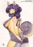  absurd_res anthro biped blush breasts canid canine clothed clothing female fluffy fluffy_tail fur hair hi_res looking_back mammal meme meme_clothing murazaki painting_(artwork) rear_view side_boob simple_background smile solo standing sweater topwear traditional_media_(artwork) virgin_killer_sweater watercolor_(artwork) white_background 
