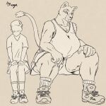  absurd_res anthro big_breasts bottomwear breasts clothing duo embarrassed felid female footwear gym_bottomwear gym_clothing gym_shorts hi_res human larger_anthro larger_female lion looking_back male male/female mammal mayomancer muscular muscular_female neck_tuft pantherine shoes shorts simple_background sitting size_difference sketch smaller_human smaller_male sportswear tuft 