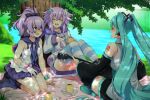  3girls :d aqua_hair azur_lane black_legwear blue_eyes boots bracelet breasts choujigen_game_neptune closed_eyes commission crossover cup d-pad d-pad_hair_ornament detached_sleeves drawstring dress eyebrows_visible_through_hair gloves grass guitar hair_ornament hair_ribbon hairclip hatsune_miku holding holding_instrument hood hood_down hooded_jacket indian_style instrument jacket javelin_(azur_lane) jewelry light_blush lindaroze long_hair long_sleeves messy_hair multiple_crossover multiple_girls neptune_(neptune_series) neptune_(series) open_mouth outdoors picnic pleated_skirt ponytail purple_hair ribbon seiza shirt single_glove sitting skirt sleeveless sleeveless_shirt smile striped striped_legwear thighhighs tree twintails very_long_hair vocaloid white_gloves 