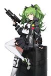  1girl bangs black_jacket black_skirt blush calico_m950 case cero_(last2stage) eyebrows_visible_through_hair foot_out_of_frame girls_frontline green_hair green_nails gun heart highres holding holding_gun holding_weapon jacket leaning_on_object long_hair long_sleeves looking_at_viewer m950a_(girls_frontline) mod3_(girls_frontline) nail_polish official_alternate_costume parted_lips pleated_skirt school_uniform shirt shoes simple_background skirt smile solo thighhighs twintails weapon white_background white_footwear white_legwear white_shirt yellow_eyes 