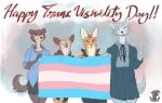  2021 absurd_res anthro beastars bottomwear canid canine canis clothed clothing crossdressing english_text eyes_closed eyewear female flag fox gesture glasses group hi_res juno_(beastars) legoshi_(beastars) lgbt_pride looking_at_viewer male mammal one_eye_closed open_mouth open_smile pants pride_colors shirt simple_background skirt smile standing taiarts text topwear trans_visibility_day transgender_pride_colors v_sign watermark wink wolf 