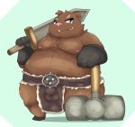  2021 anthro balls_outline bottomwear brown_body brown_fur bulge clothing fur genital_outline hi_res kemono kusosensei loincloth male mammal moobs nipples overweight overweight_male penis_outline simple_background solo suid suina sus_(pig) weapon wild_boar 