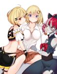  3girls ahoge bangs bare_shoulders black_bow blonde_hair blue_eyes blush bow breasts choker cleavage collarbone colored_skin double_bun dress eyebrows_visible_through_hair fang grey_hair hair_bow hair_ornament hairclip hand_under_clothes heterochromia highres hololive hololive_english hololive_indonesia kureiji_ollie looking_at_viewer multicolored_hair multiple_girls open_mouth patchwork_skin pink_hair red_bow red_eyes red_hair short_hair skaarl_(artist) stitched_face stitches sweat torn_clothes virtual_youtuber watson_amelia yellow_eyes yozora_mel yuri zombie 