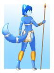  absurd_res accessory anthro armor blue_body blue_fur blue_hair bracelet breasts canid canine canis clothing collar erdfurry female fox fur green_eyes hair hi_res jewelry krystal looking_at_viewer mammal markings multicolored_body multicolored_fur nintendo rear_view shell simple_background solo star_fox video_games 