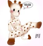  anthro beady_eyes bedroom_eyes blush breasts brown_ears dialogue female genitals giraffe giraffid hi_res hooves horn inviting mammal narrowed_eyes nsfy_(artist) presenting presenting_pussy pussy seductive small_breasts solo sophie_la_giraffe spots tail_tuft tuft white_body 