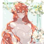  1girl bangs bare_shoulders blurry blurry_background blush bouquet breasts choker cleavage collarbone dandelion_seed diluc_(genshin_impact) dress elbow_gloves flower genderswap genderswap_(mtf) genshin_impact gloves hair_between_eyes hair_flower hair_ornament highres holding holding_ribbon long_hair medium_breasts open_mouth red_eyes red_hair ribbon solo tabibitowayo very_long_hair white_dress white_flower 
