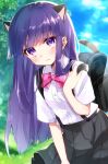  1girl animal_ears backpack bag bangs black_skirt blush bow bowtie cat_ears cat_tail cloud eyebrows_visible_through_hair furude_rika grass highres higurashi_no_naku_koro_ni kemonomimi_mode leaning_forward long_hair looking_at_viewer pink_neckwear pleated_skirt purple_eyes purple_hair randoseru shirt short_sleeves skirt sky snake_5291 solo suspenders tail tree white_shirt 