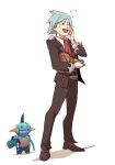  1boy ;d beldum blue_eyes blue_hair gen_3_pokemon heart holding jacket jewelry long_sleeves male_focus marshtomp necktie one_eye_closed open_mouth pants pokemon pokemon_(creature) pokemon_(game) pokemon_oras red_neckwear ring shoes signature simple_background smile ssalbulre standing steven_stone teeth tongue white_background 